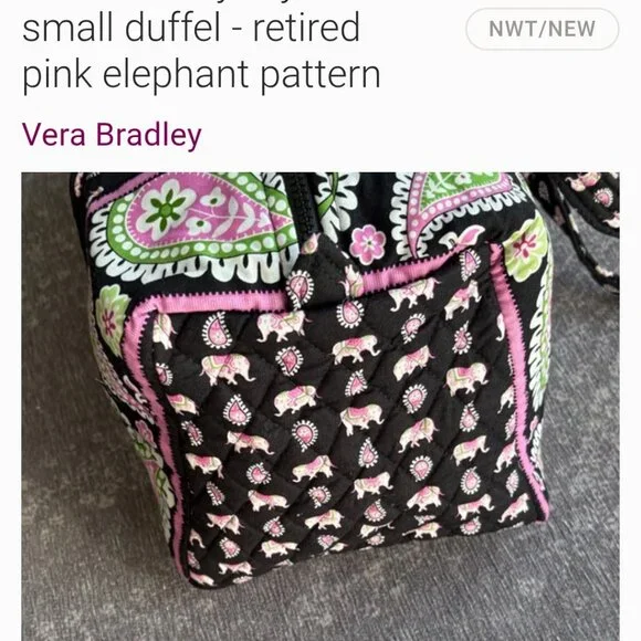 Vera Bradley Stylish Small Duffel bag in the retired "Pink Elephants" pattern. T - Picture 3 of 5